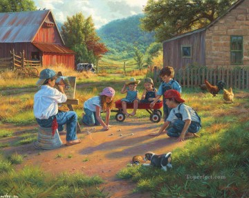 動物 Painting - 子犬牛鶏ペットの子供たちとカントリーハウスで子供たちを遊ぶ